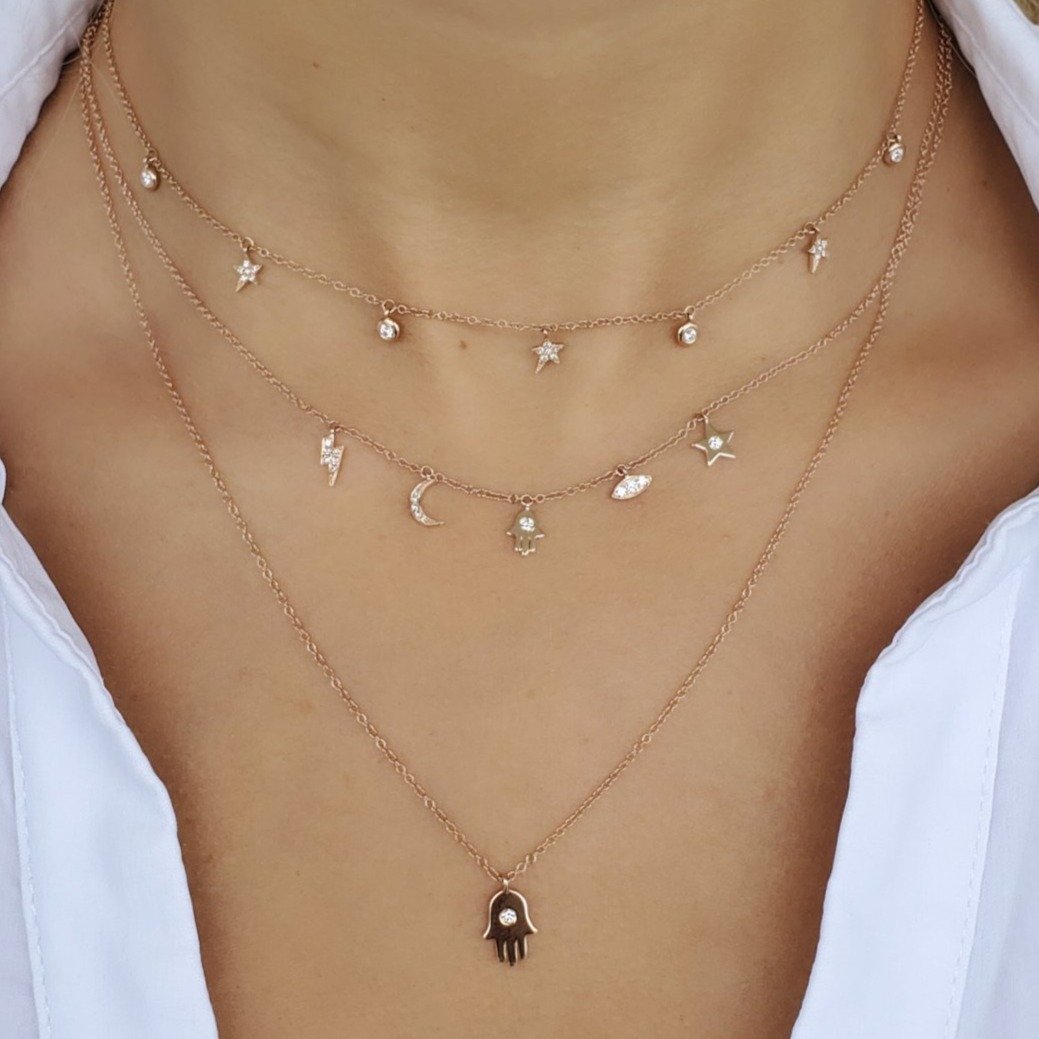 14K Gold Micro Pave Star + Round Bezel Diamond Dangling Necklace Izakov Diamonds + Fine Jewelry