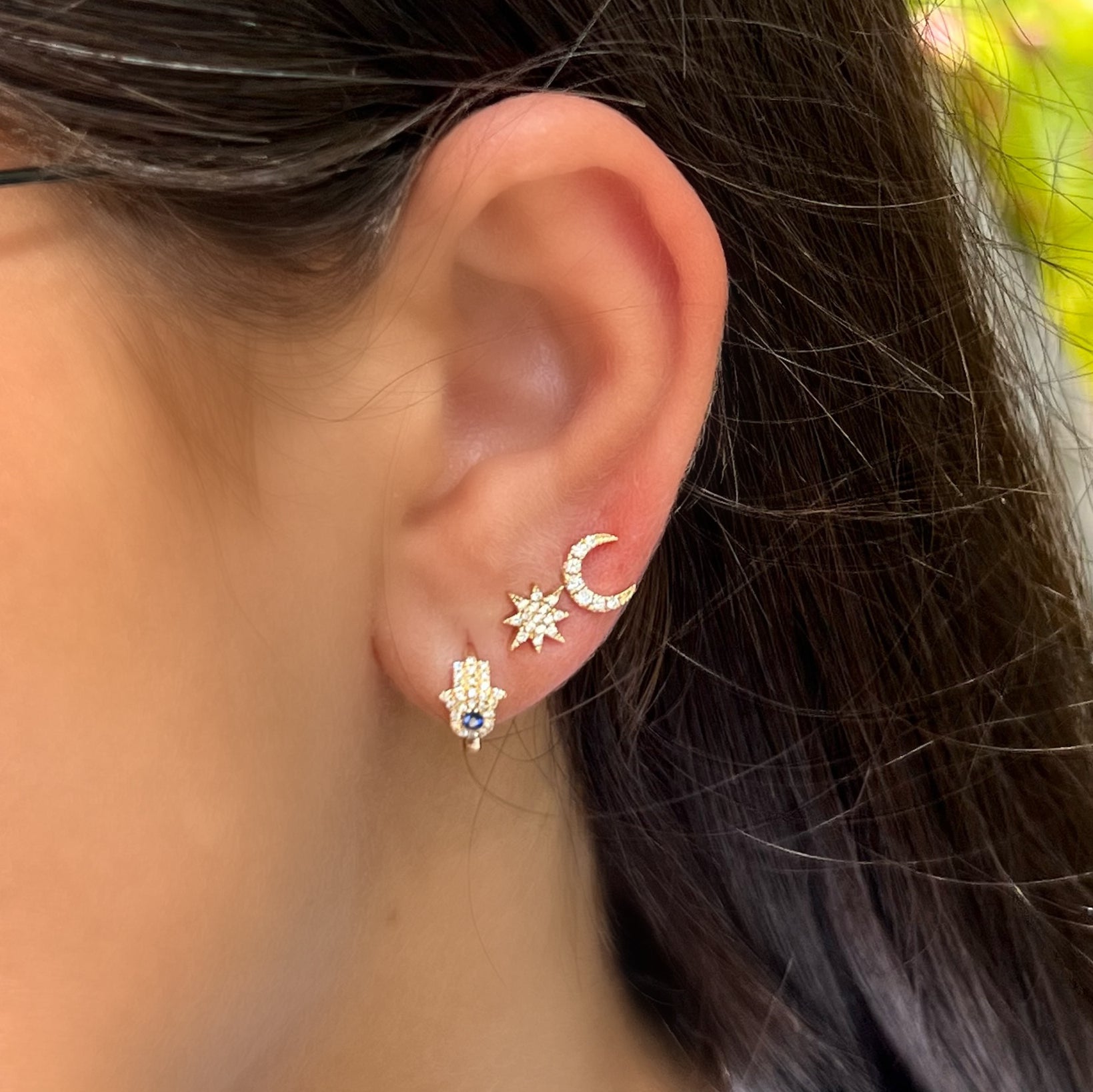 14K Gold Mismatch Sunburst + Moon Button Earrings Pair Earrings by Izakov Diamonds + Fine Jewelry | Izakov