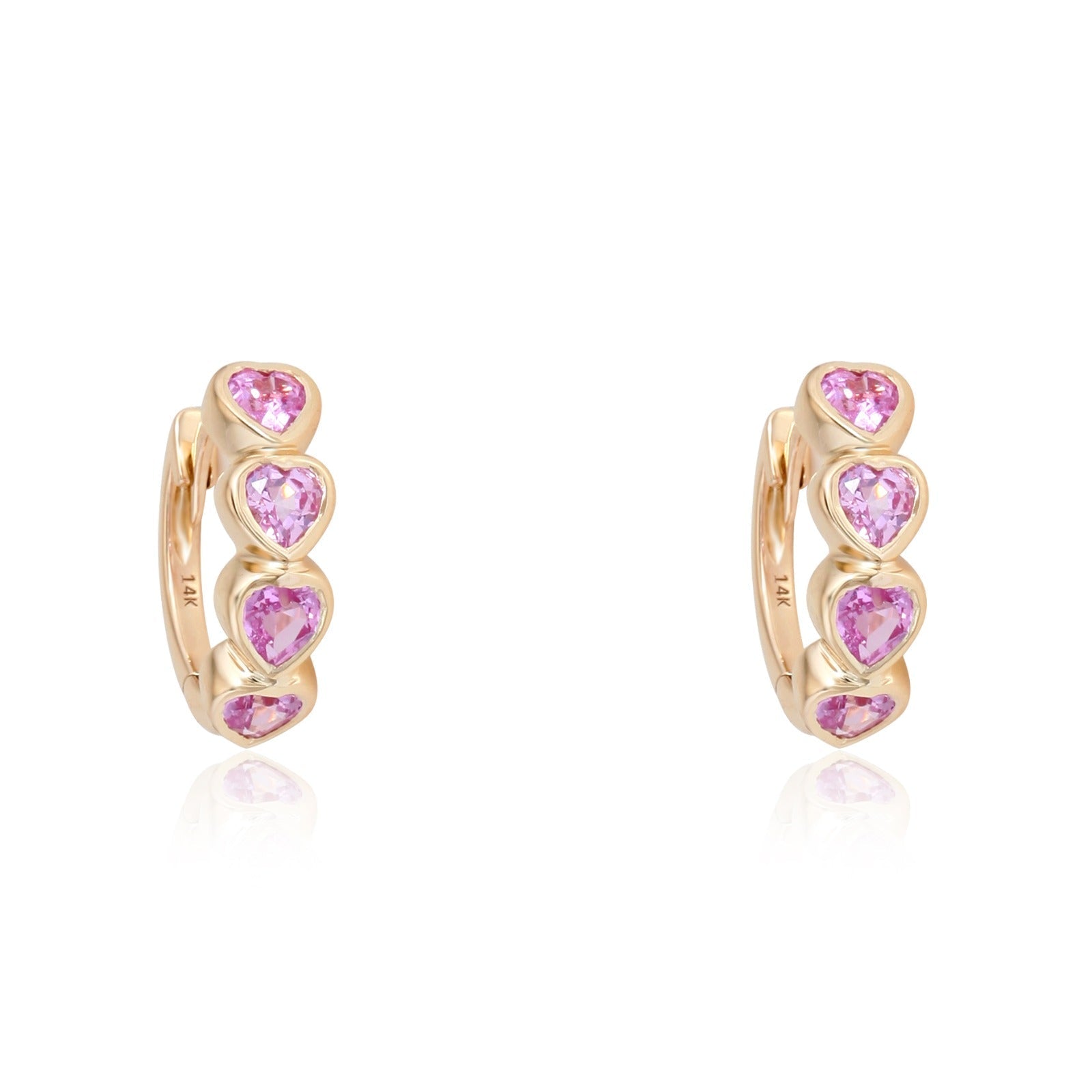 14K Gold Pink Sapphire Bezel Hearts Huggies Yellow Gold Izakov Diamonds + Fine Jewelry