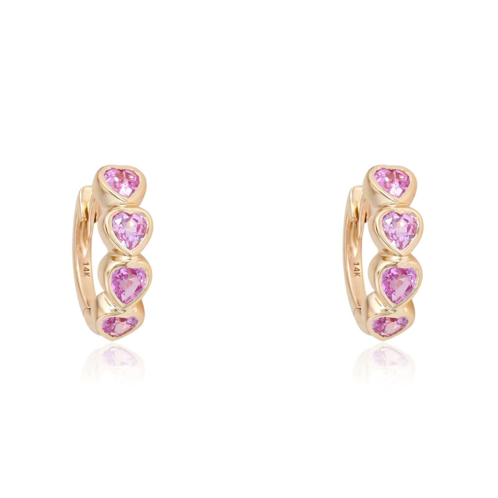 14K Gold Pink Sapphire Bezel Hearts Huggies - Earrings - Izakov Diamonds + Fine Jewelry