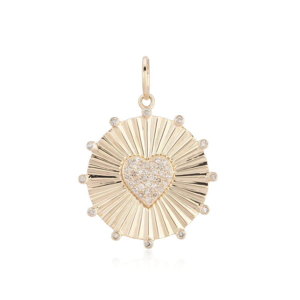 14K Gold Radiating Heart Medallion Diamond Necklace Charm Yellow Gold Izakov Diamonds + Fine Jewelry