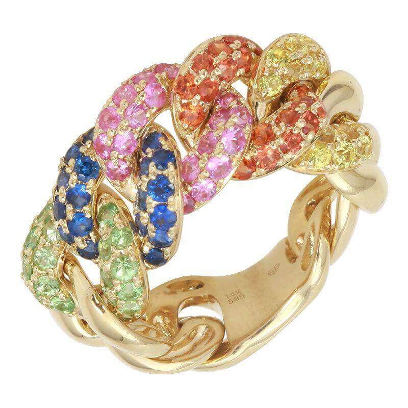 14K Gold Rainbow Sapphire Cuban Link Ring - Rings - Izakov Diamonds + Fine Jewelry