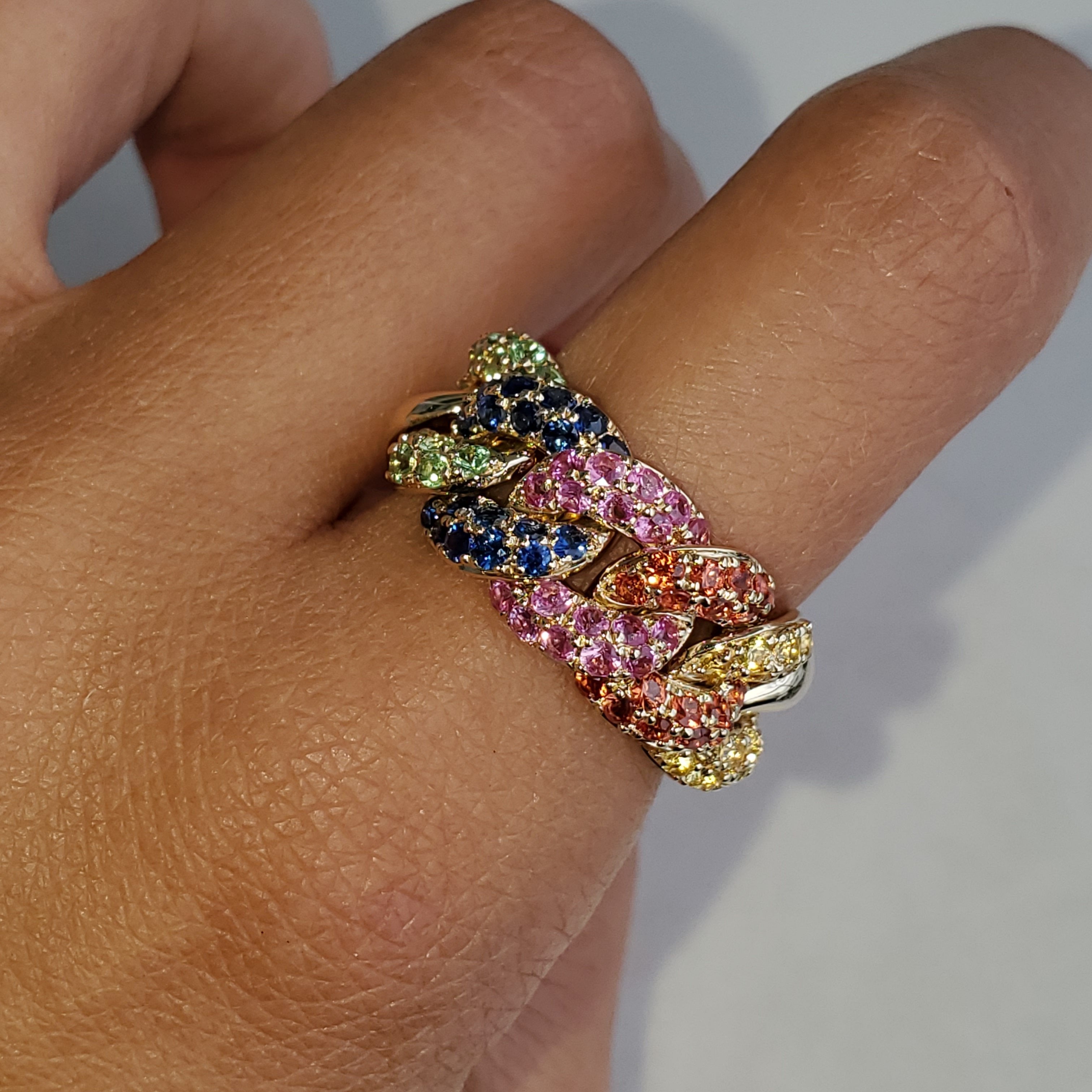 14K Gold Rainbow Sapphire Cuban Link Ring Izakov Diamonds + Fine Jewelry