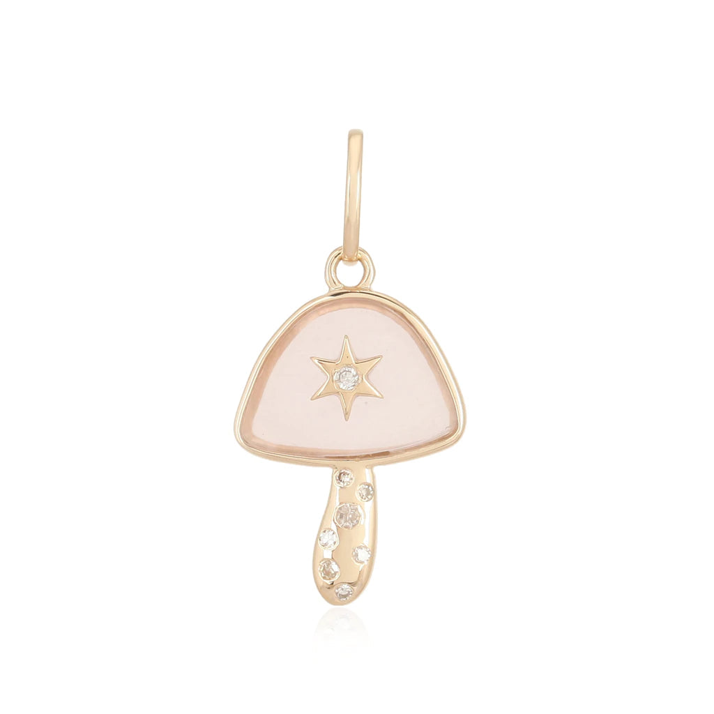 14K Gold Pink Quartz Mushroom Diamond Necklace Charm Yellow Gold Izakov Diamonds + Fine Jewelry