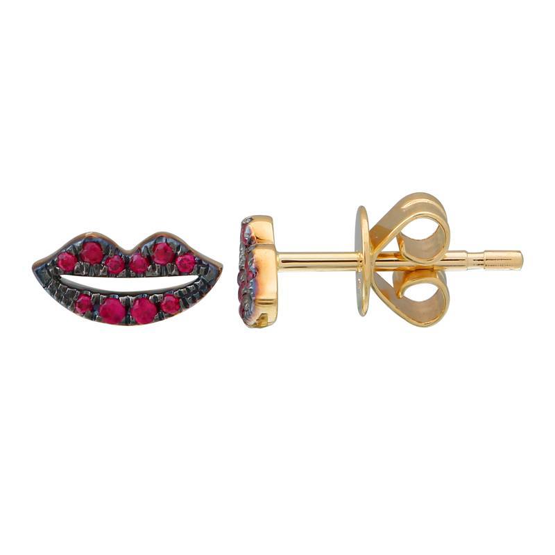 14K Gold Ruby Accented Lips Button Earrings Yellow Gold Izakov Diamonds + Fine Jewelry