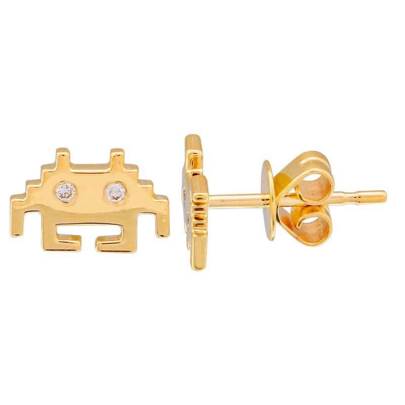 14K Gold Space Invaders Diamond Accented Mismatch Button Earrings - Earrings - Izakov Diamonds + Fine Jewelry