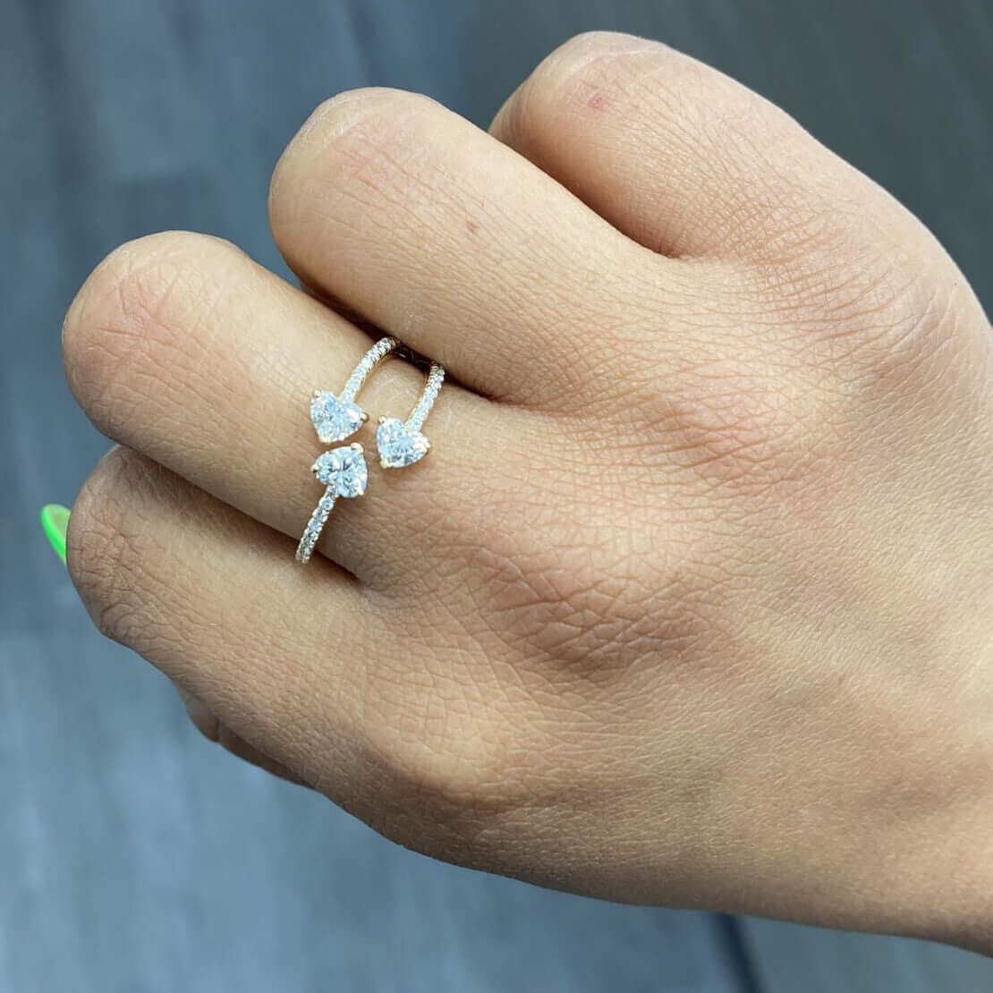 14K Gold Trio Heart Shaped Diamond Pave Ring - Rings - Izakov Diamonds + Fine Jewelry