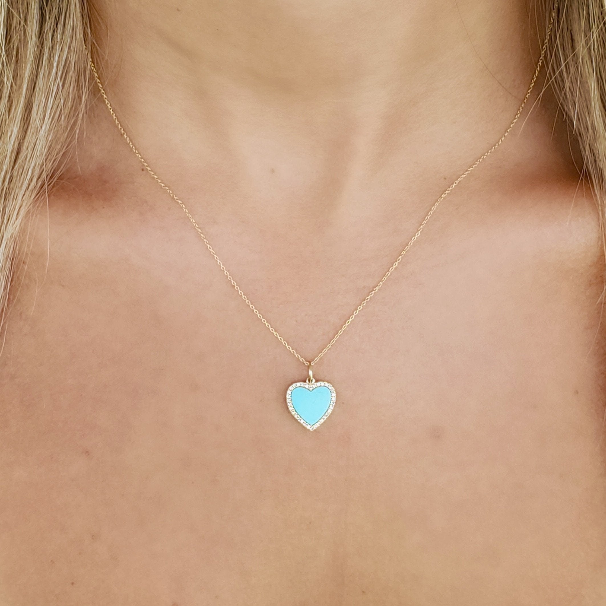 14K Gold Turquoise Heart Diamond Necklace Charm Pendant Izakov Diamonds + Fine Jewelry