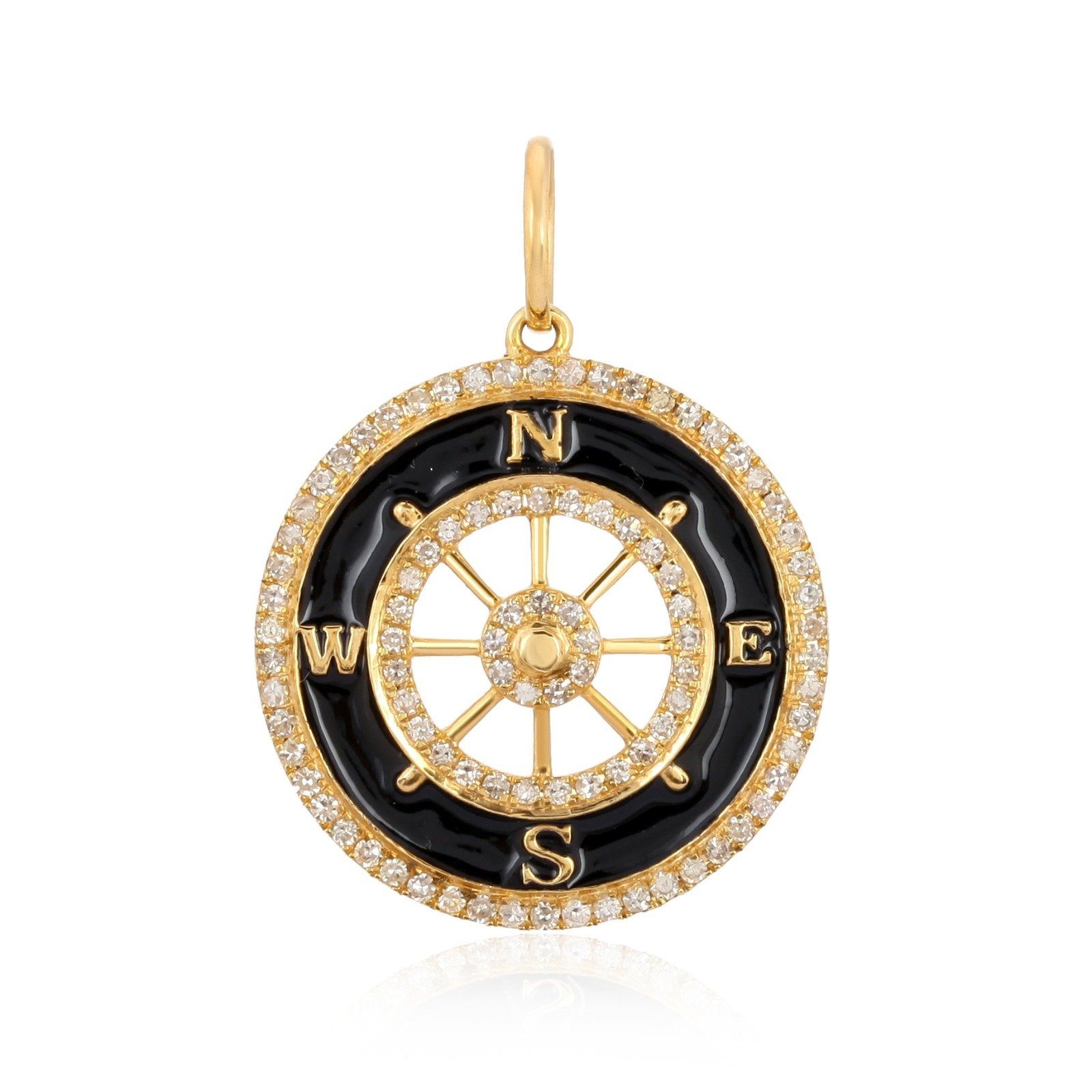 14K Gold White Enamel Compass Necklace Charm Black / Yellow Gold Izakov Diamonds + Fine Jewelry