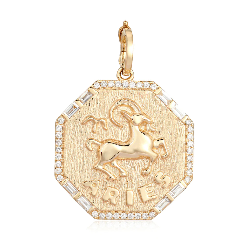14K Gold Zodiac Sign Baguette Diamond Necklace Charm Izakov Diamonds + Fine Jewelry