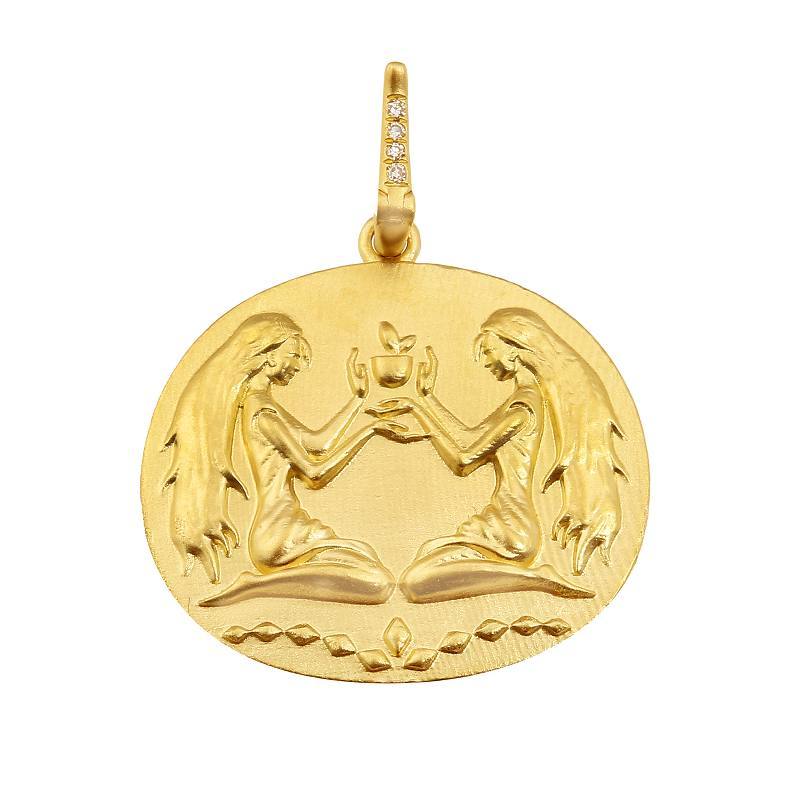 14K Gold Zodiac Sign Gemini Coin Necklace Charm - Necklaces - Izakov Diamonds + Fine Jewelry