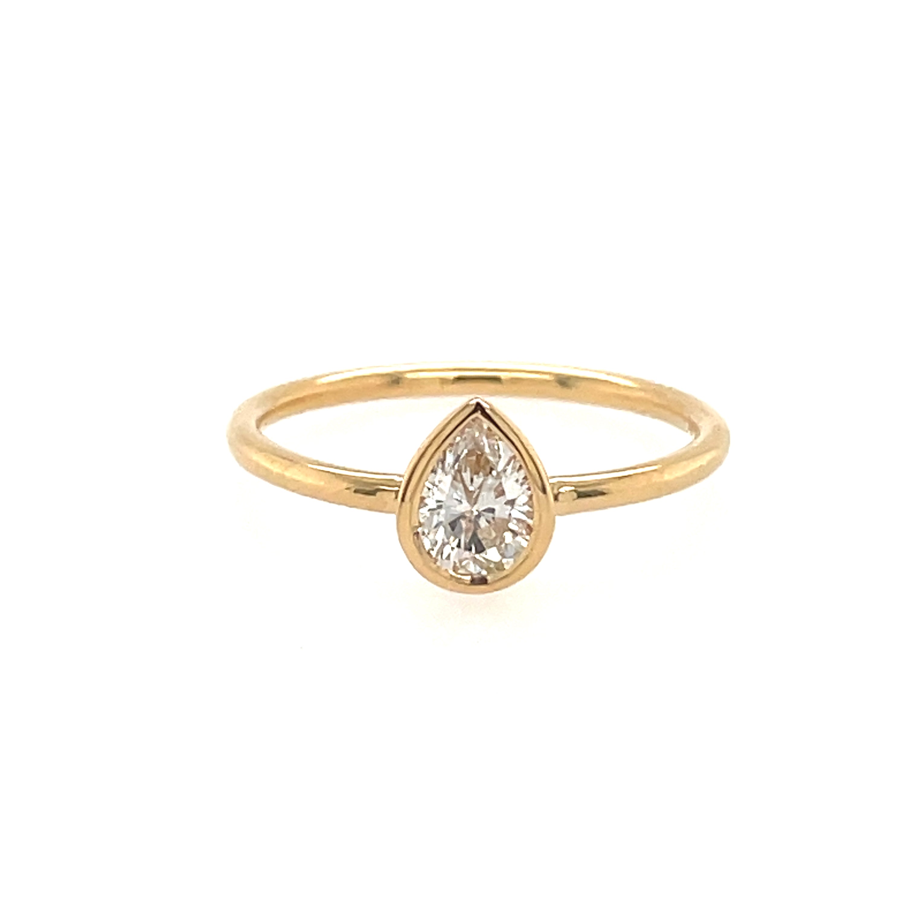 18K Gold Pear Shape Diamond Bezel Ring Yellow Gold Izakov Diamonds + Fine Jewelry