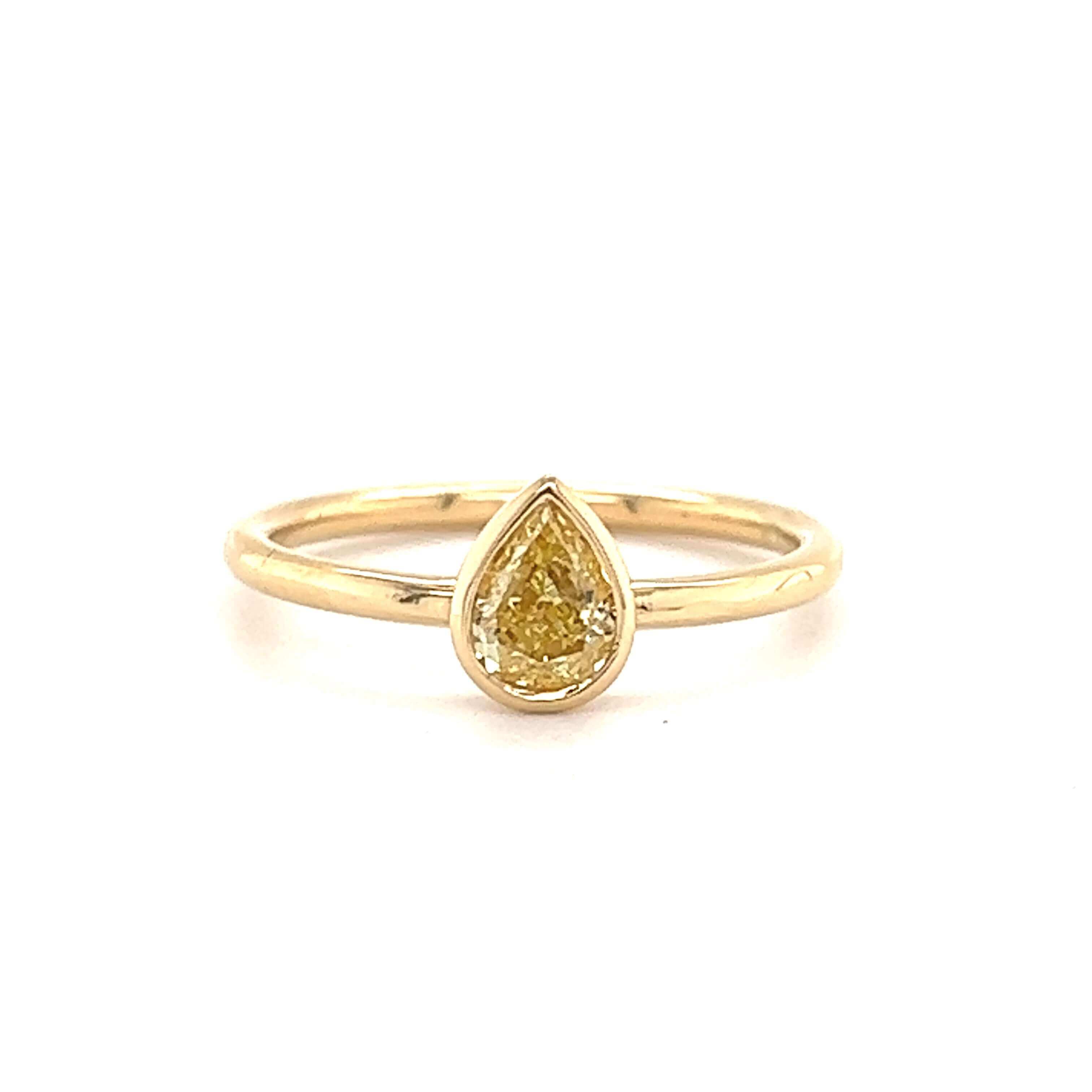18K Gold Pear Shape Fancy Yellow Diamond Bezel Ring - Rings - Izakov Diamonds + Fine Jewelry